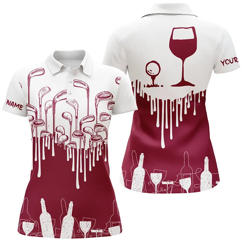 Custom Name Golf & Wine White And Red - Personalized Women Polo