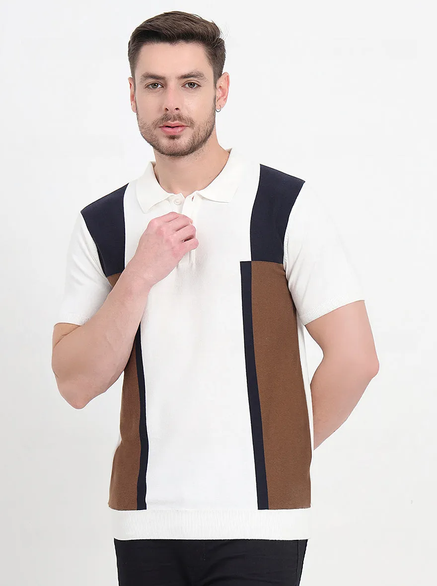 Ecru Mealnge & Brown Striped Slim Fit Polo T-Shirt | JadeBlue