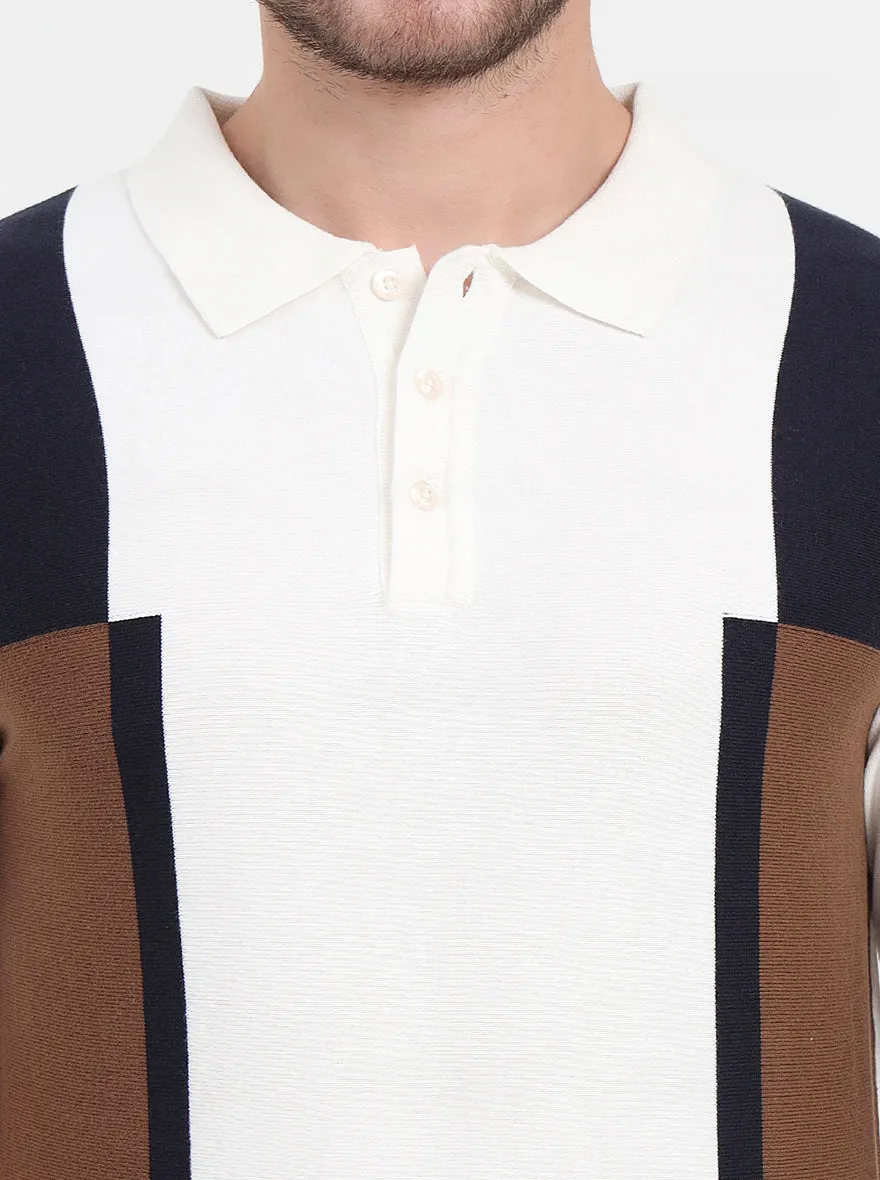 Ecru Mealnge & Brown Striped Slim Fit Polo T-Shirt | JadeBlue