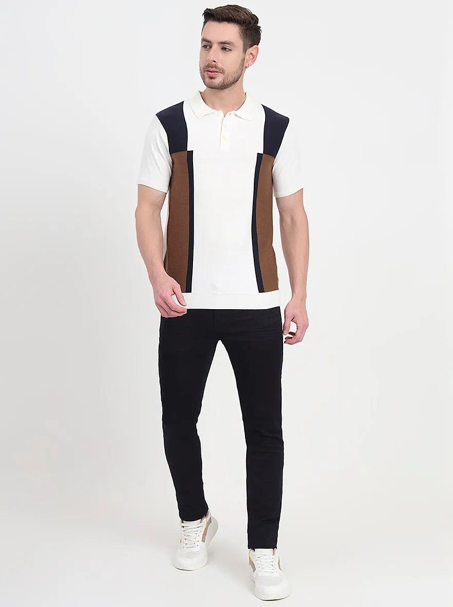 Ecru Mealnge & Brown Striped Slim Fit Polo T-Shirt | JadeBlue