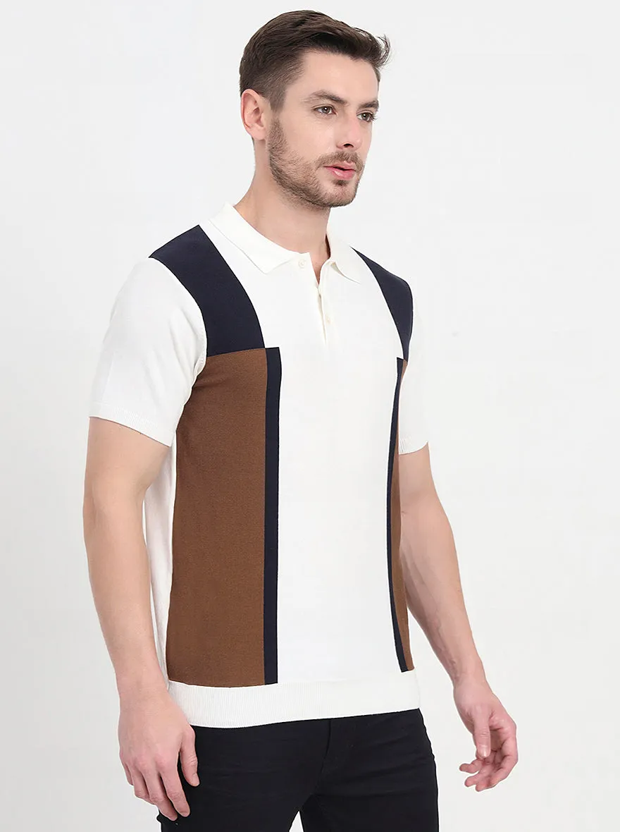 Ecru Mealnge & Brown Striped Slim Fit Polo T-Shirt | JadeBlue