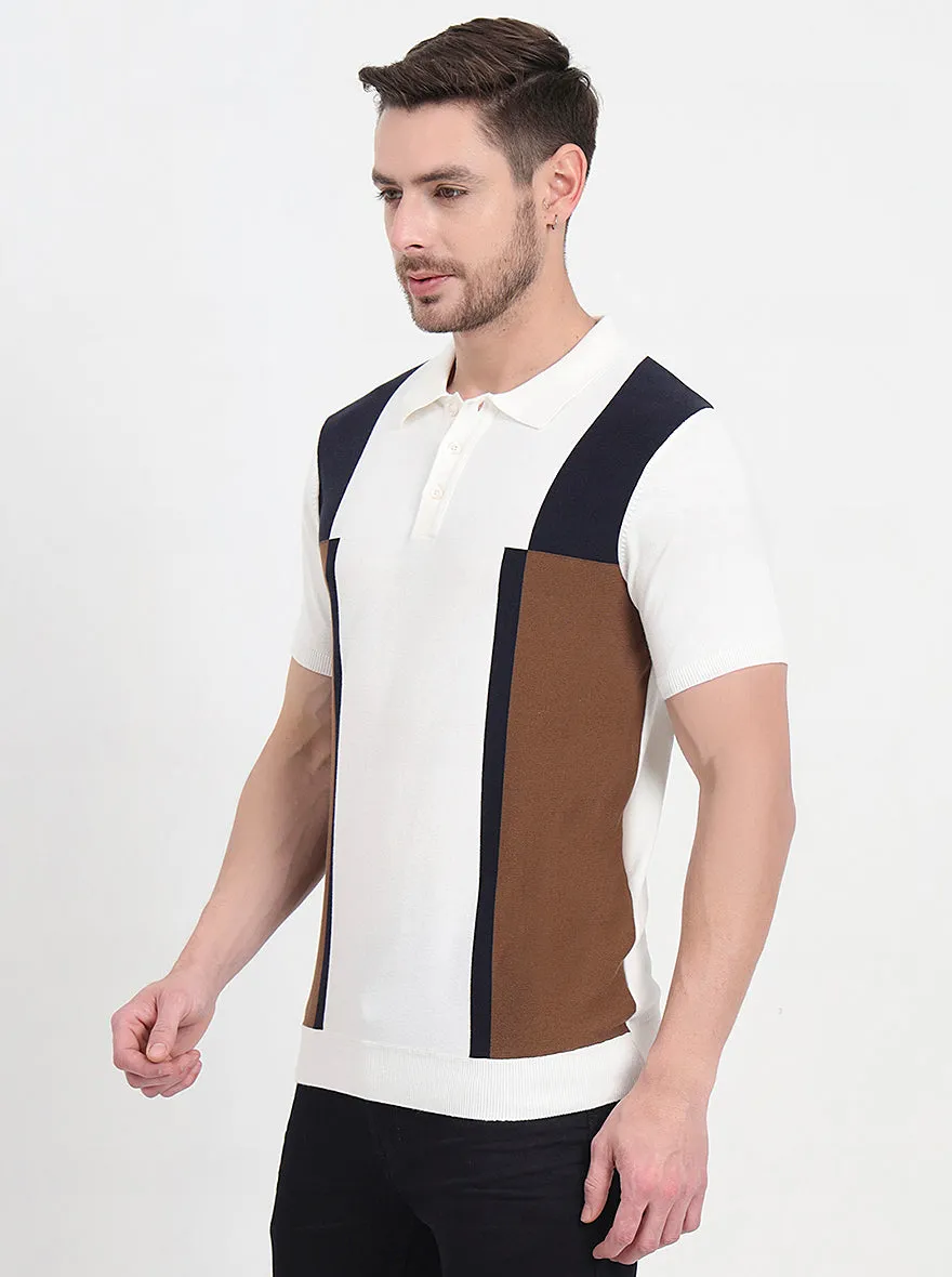 Ecru Mealnge & Brown Striped Slim Fit Polo T-Shirt | JadeBlue