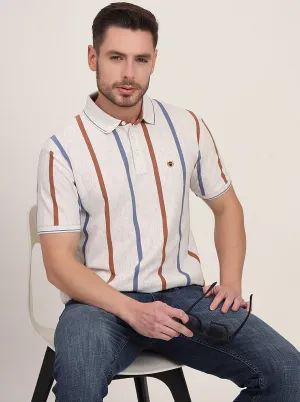 Grey & Brown Striped Slim Fit Polo T-Shirt | JadeBlue