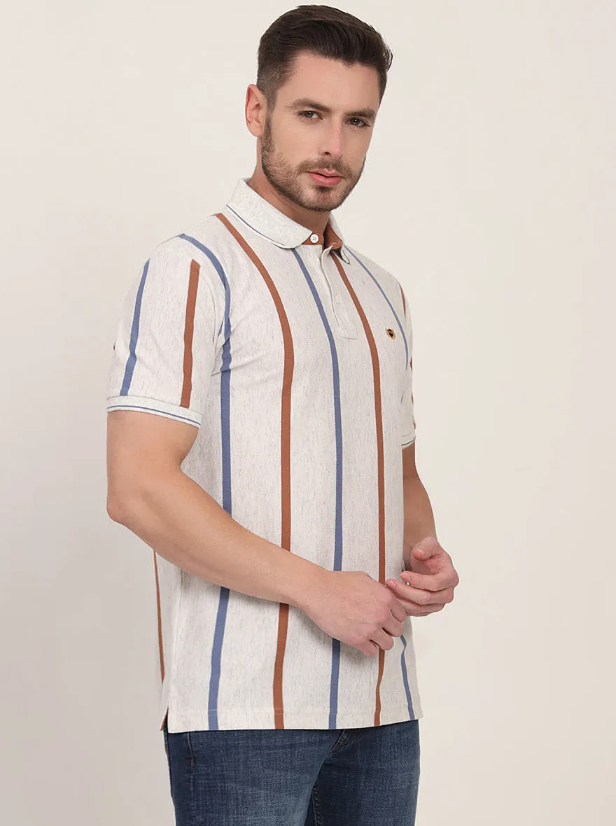 Grey & Brown Striped Slim Fit Polo T-Shirt | JadeBlue