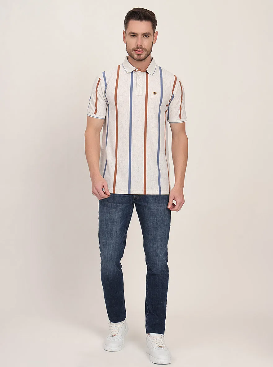 Grey & Brown Striped Slim Fit Polo T-Shirt | JadeBlue