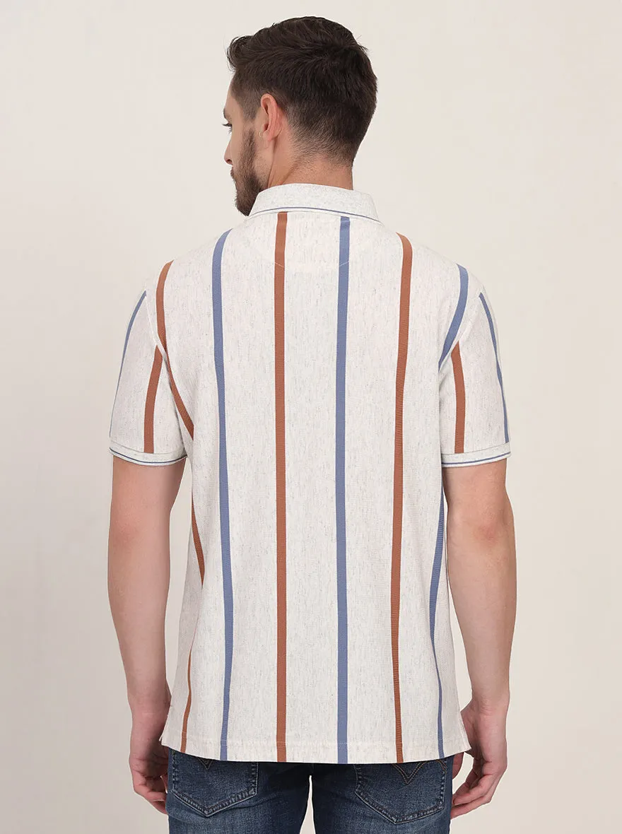 Grey & Brown Striped Slim Fit Polo T-Shirt | JadeBlue