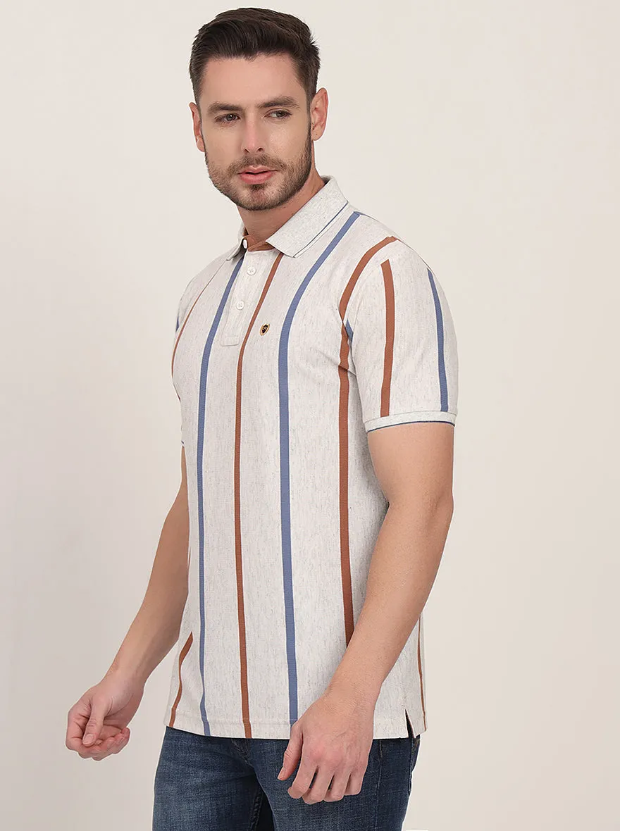 Grey & Brown Striped Slim Fit Polo T-Shirt | JadeBlue