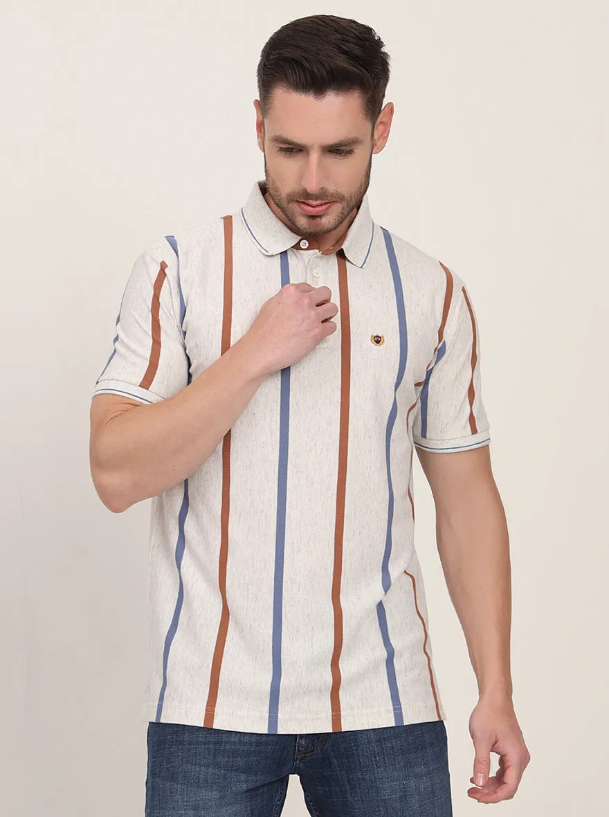 Grey & Brown Striped Slim Fit Polo T-Shirt | JadeBlue