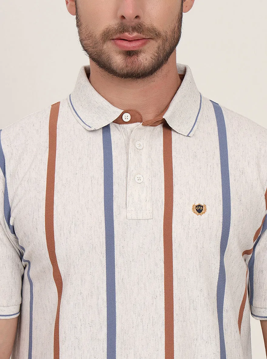 Grey & Brown Striped Slim Fit Polo T-Shirt | JadeBlue