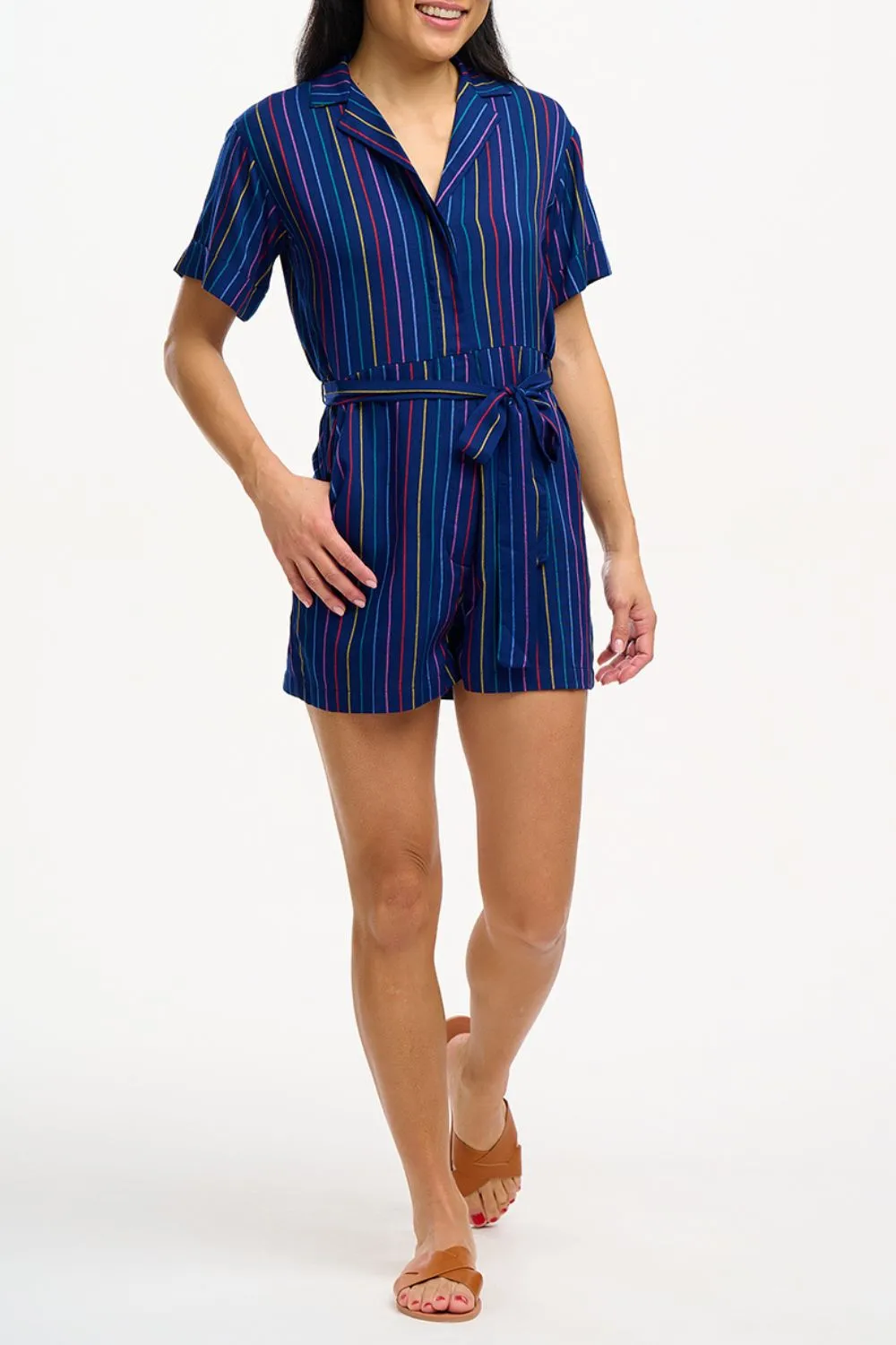 Kiki Playsuit - Navy, Thin Rainbow Stripe