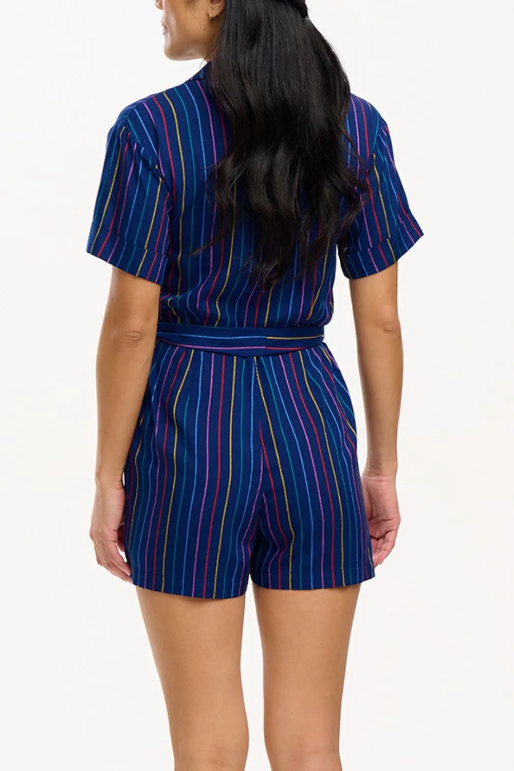 Kiki Playsuit - Navy, Thin Rainbow Stripe