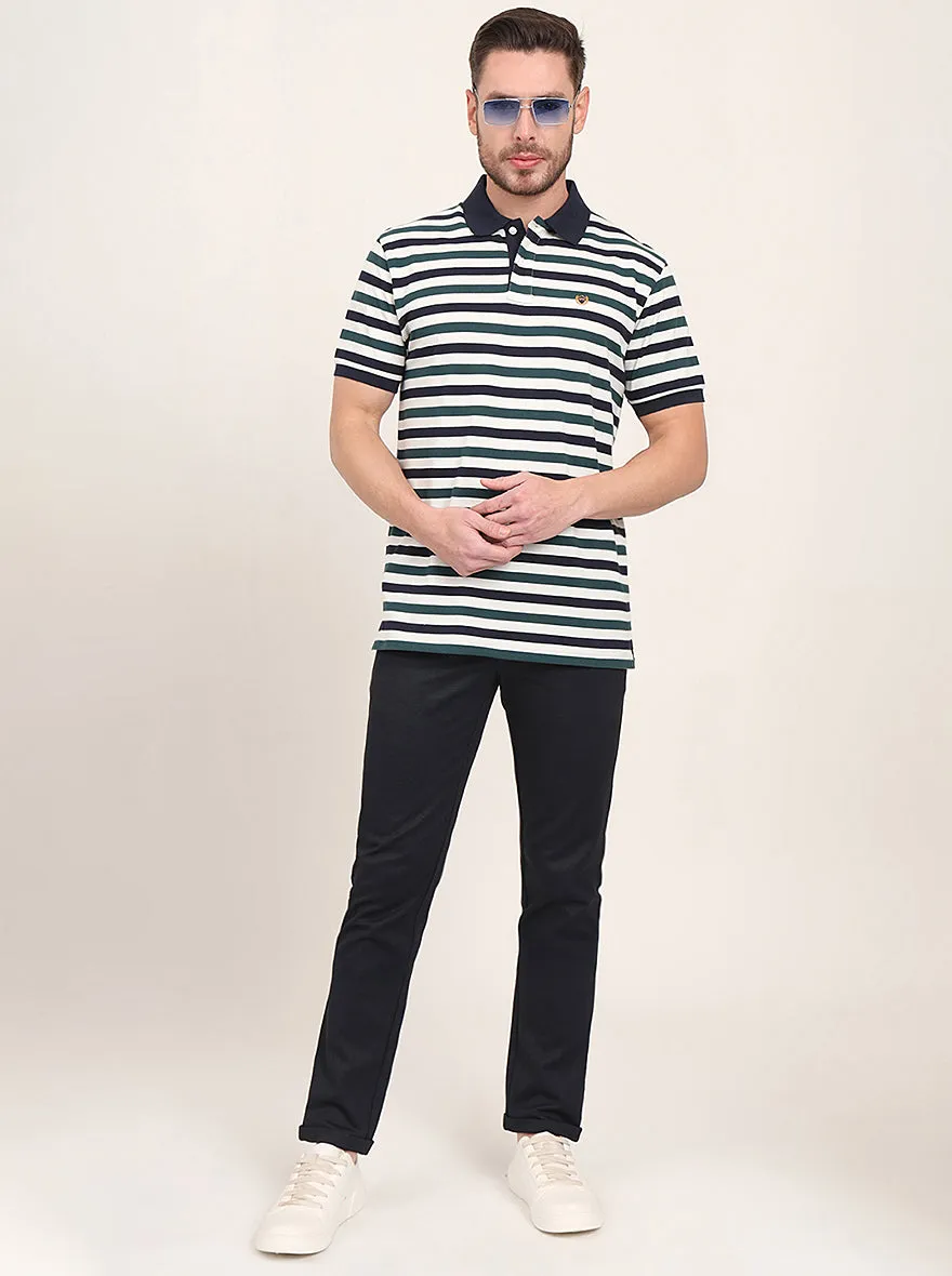 Navy Blue & Green Striped Slim Fit Polo T-Shirt | JadeBlue