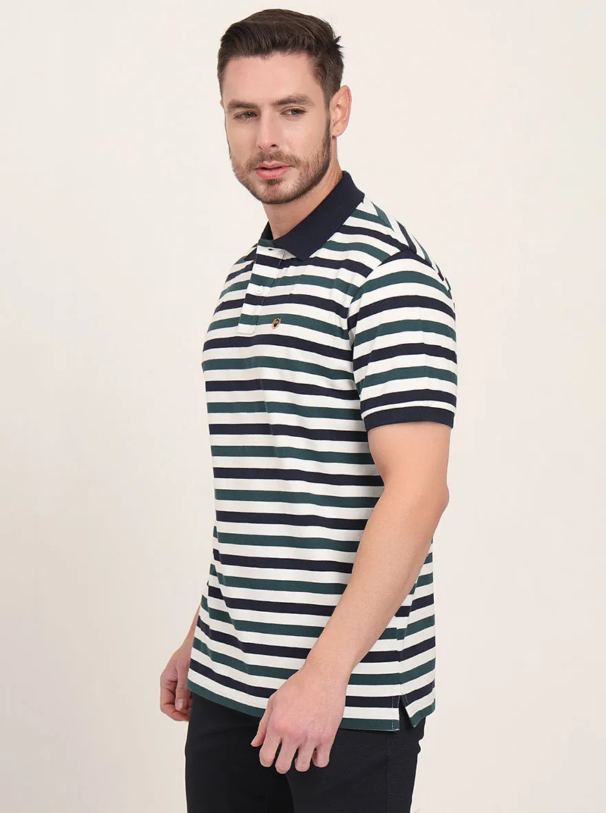 Navy Blue & Green Striped Slim Fit Polo T-Shirt | JadeBlue
