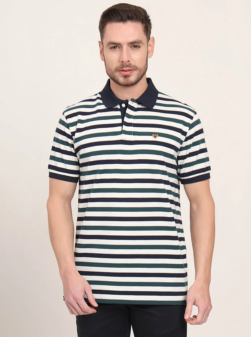 Navy Blue & Green Striped Slim Fit Polo T-Shirt | JadeBlue
