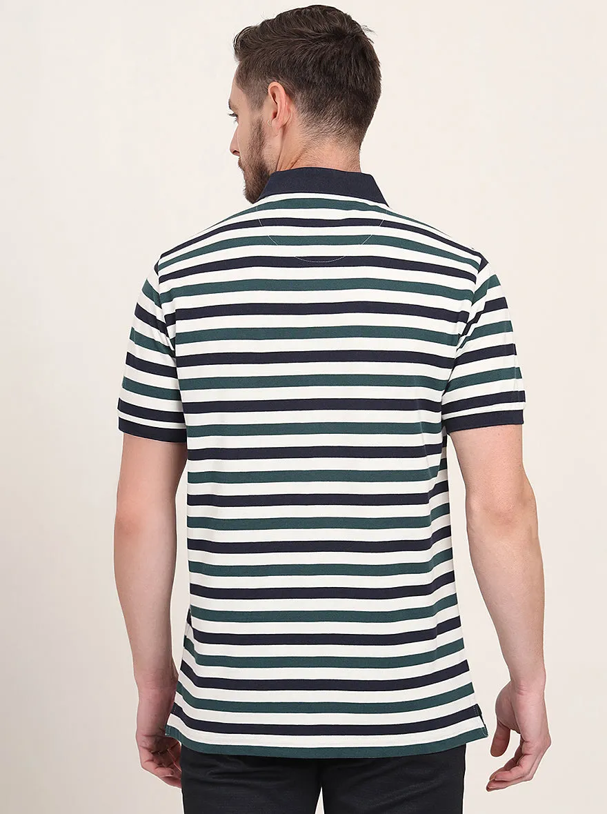 Navy Blue & Green Striped Slim Fit Polo T-Shirt | JadeBlue