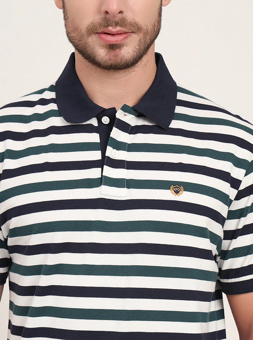 Navy Blue & Green Striped Slim Fit Polo T-Shirt | JadeBlue