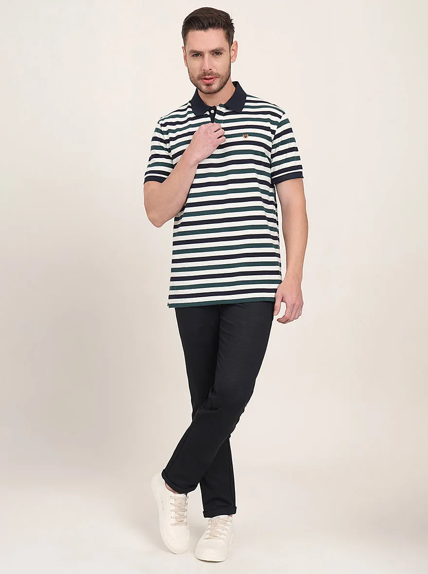 Navy Blue & Green Striped Slim Fit Polo T-Shirt | JadeBlue
