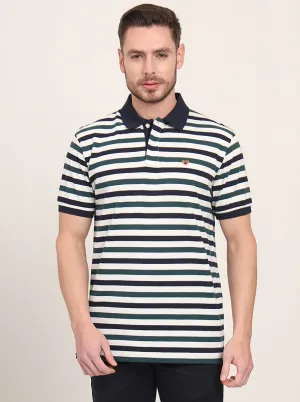 Navy Blue & Green Striped Slim Fit Polo T-Shirt | JadeBlue