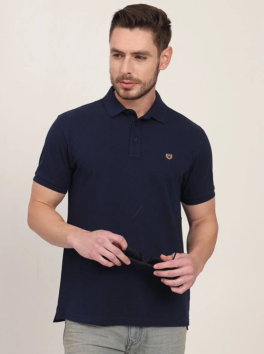 Navy Blue Solid Slim Fit Polo T-Shirt | JadeBlue