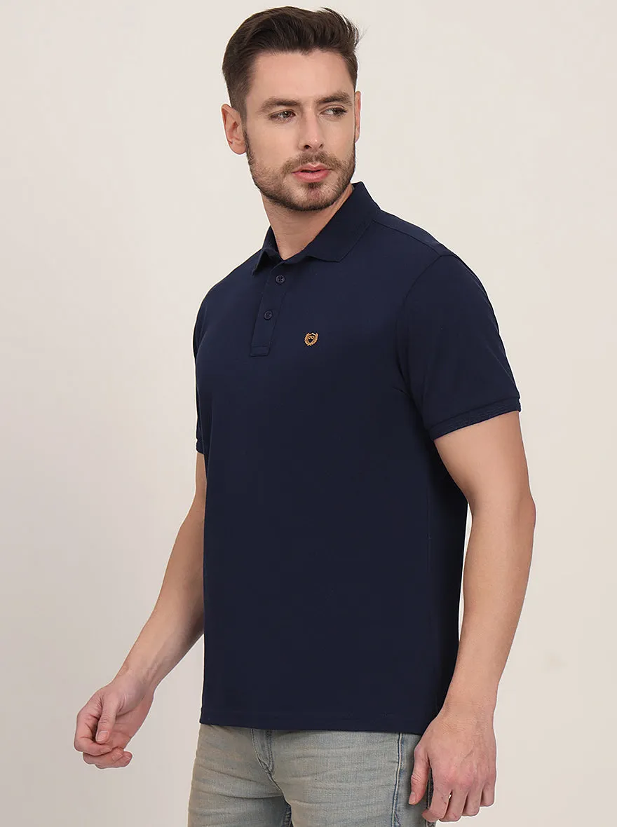 Navy Blue Solid Slim Fit Polo T-Shirt | JadeBlue