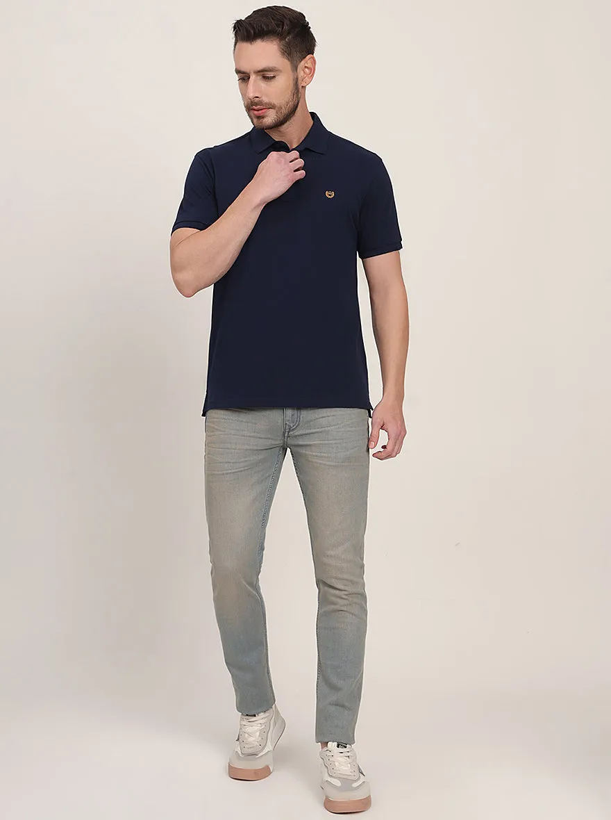 Navy Blue Solid Slim Fit Polo T-Shirt | JadeBlue