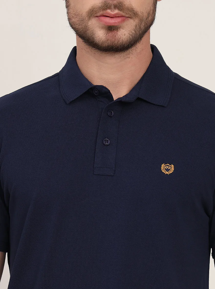 Navy Blue Solid Slim Fit Polo T-Shirt | JadeBlue