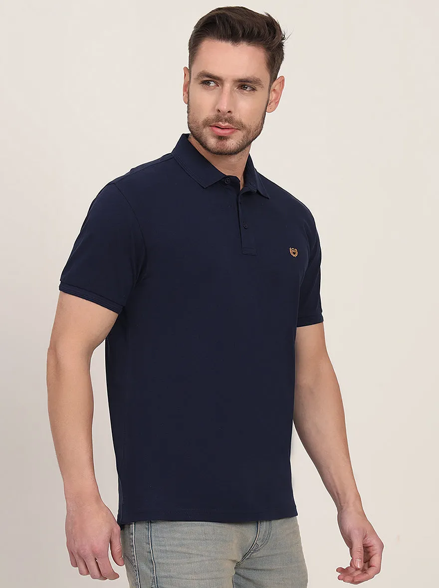 Navy Blue Solid Slim Fit Polo T-Shirt | JadeBlue