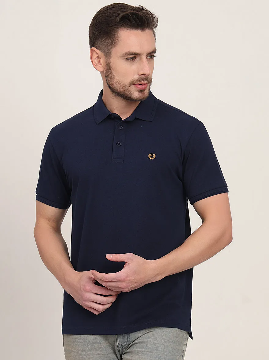 Navy Blue Solid Slim Fit Polo T-Shirt | JadeBlue