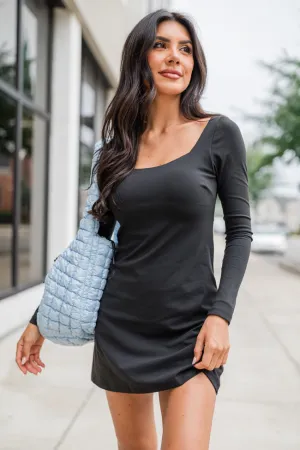 On The Rise Black Long Sleeve Open Back Active Dress FINAL SALE