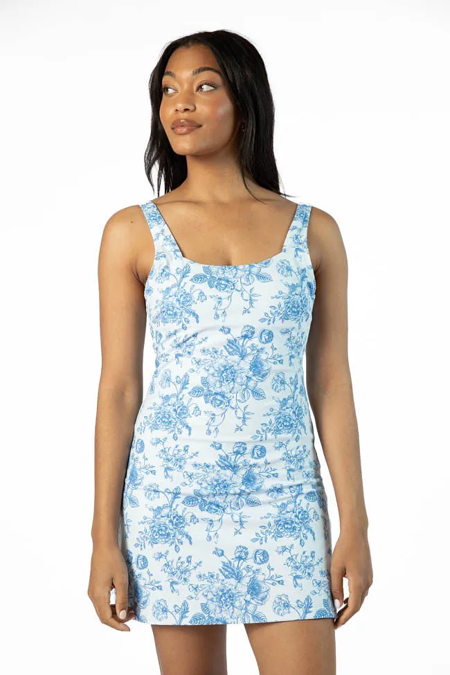 On The Rise Blue Floral Open Back Square Neck Active Dress