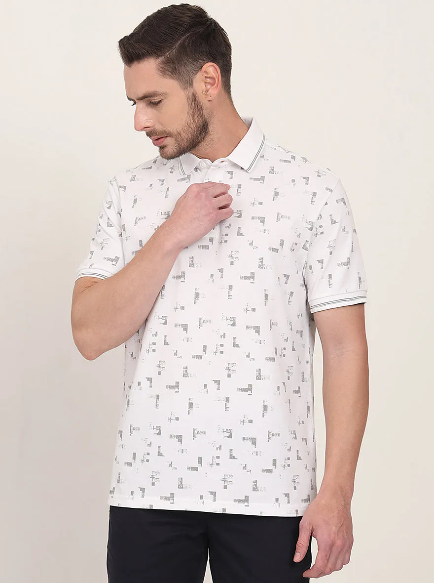 White Printed Slim Fit Polo T-Shirt | JadeBlue