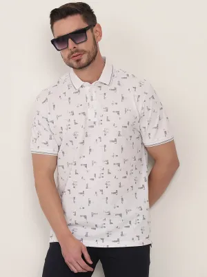 White Printed Slim Fit Polo T-Shirt | JadeBlue