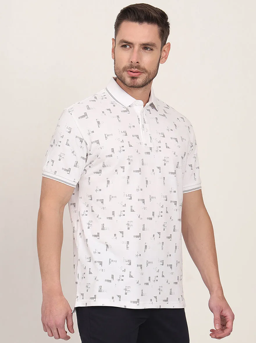 White Printed Slim Fit Polo T-Shirt | JadeBlue