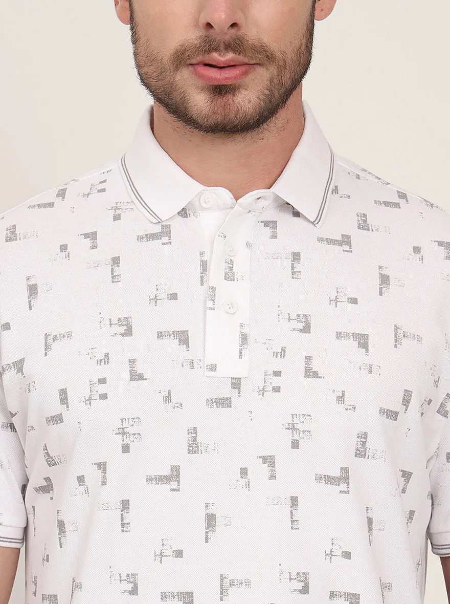 White Printed Slim Fit Polo T-Shirt | JadeBlue