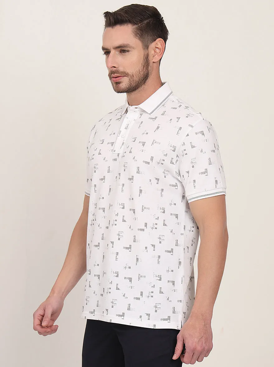 White Printed Slim Fit Polo T-Shirt | JadeBlue
