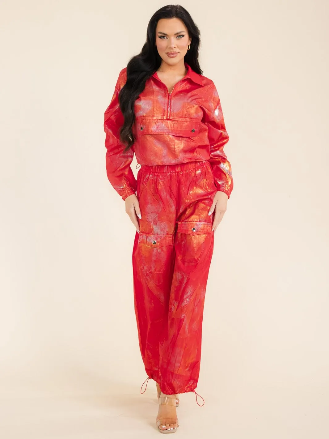WOMEN'S LONG SLEEVE POCKET TOP & ELASTIC WAIST PANTS SHIMMER 2PC SETS