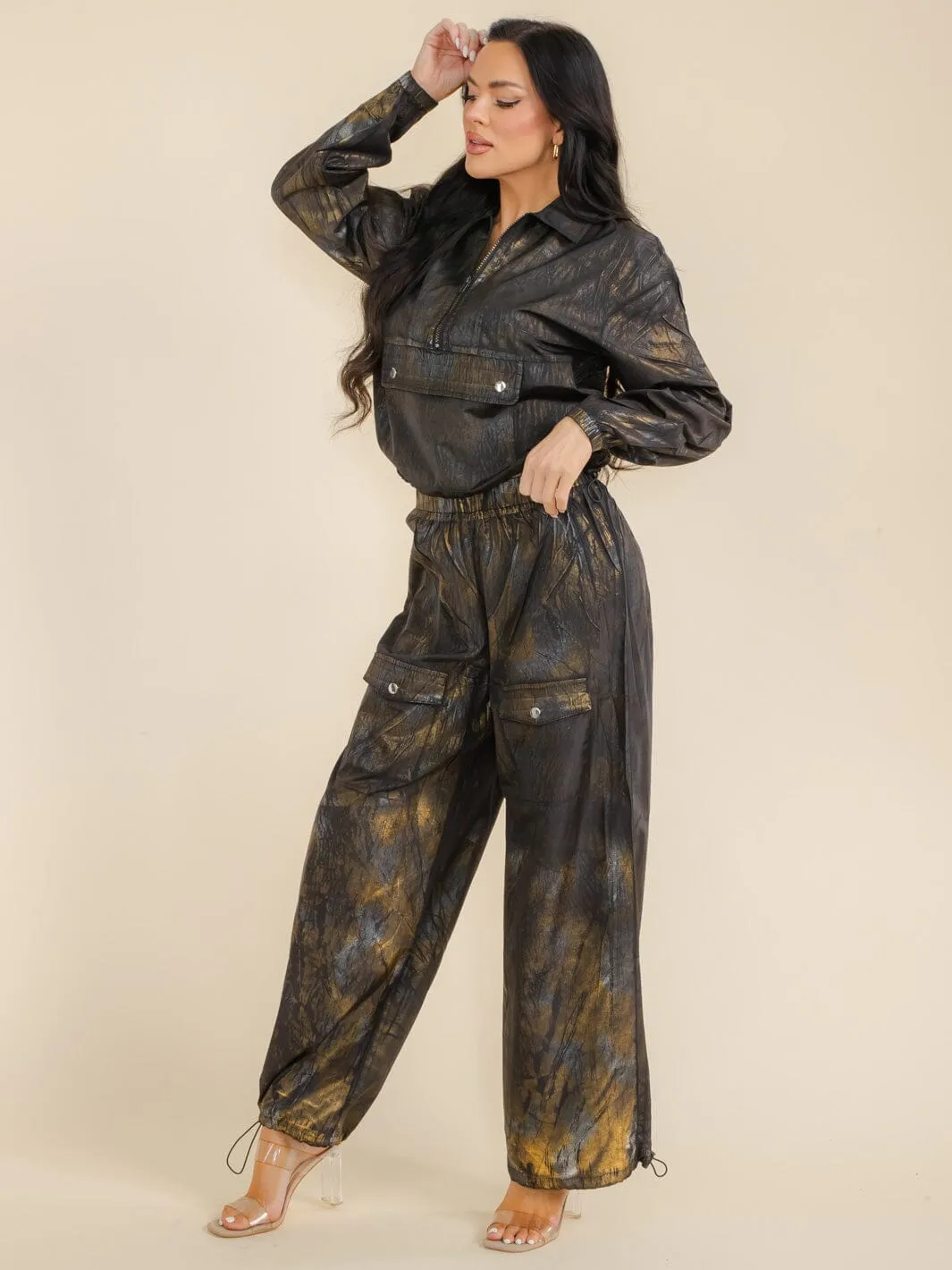 WOMEN'S LONG SLEEVE POCKET TOP & ELASTIC WAIST PANTS SHIMMER 2PC SETS