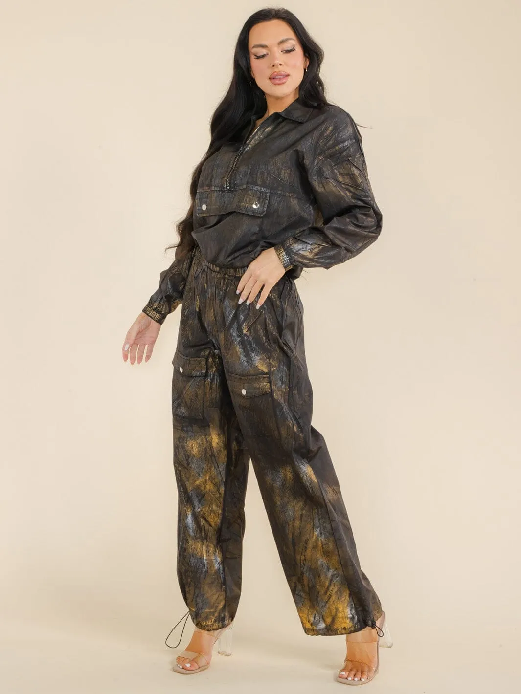 WOMEN'S LONG SLEEVE POCKET TOP & ELASTIC WAIST PANTS SHIMMER 2PC SETS