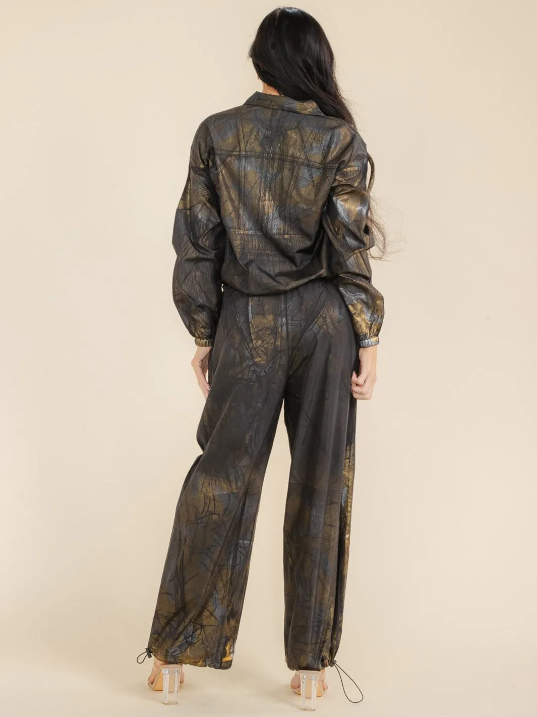 WOMEN'S LONG SLEEVE POCKET TOP & ELASTIC WAIST PANTS SHIMMER 2PC SETS