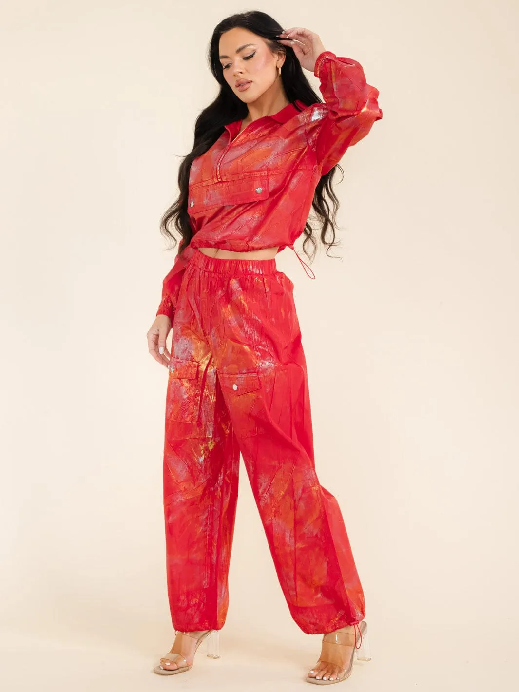 WOMEN'S LONG SLEEVE POCKET TOP & ELASTIC WAIST PANTS SHIMMER 2PC SETS
